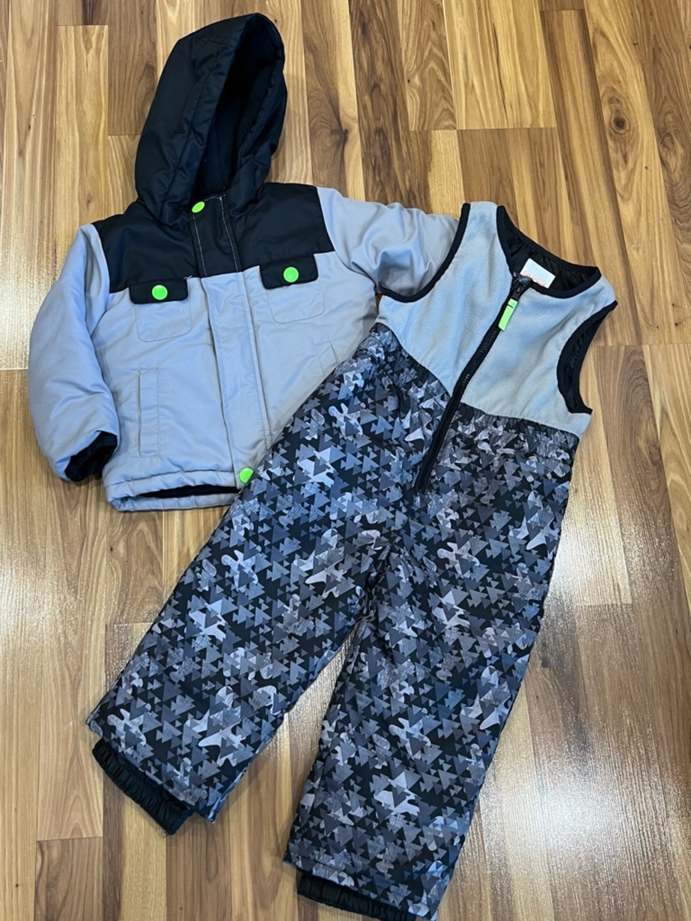 Kids Two-Piece Winter Snowsuit in Gray and Black with Neon Accents